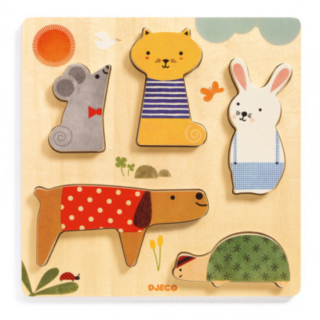 Djeco - Reliefpuzzle, Woodypets, 5 pcs